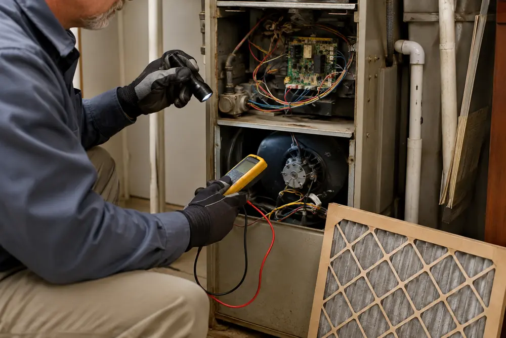HVAC technician inspecting an aging furnace in an Oklahoma home
