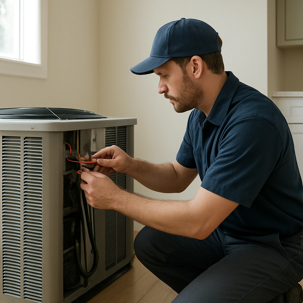 HVAC technician walking through the service process for ac installation