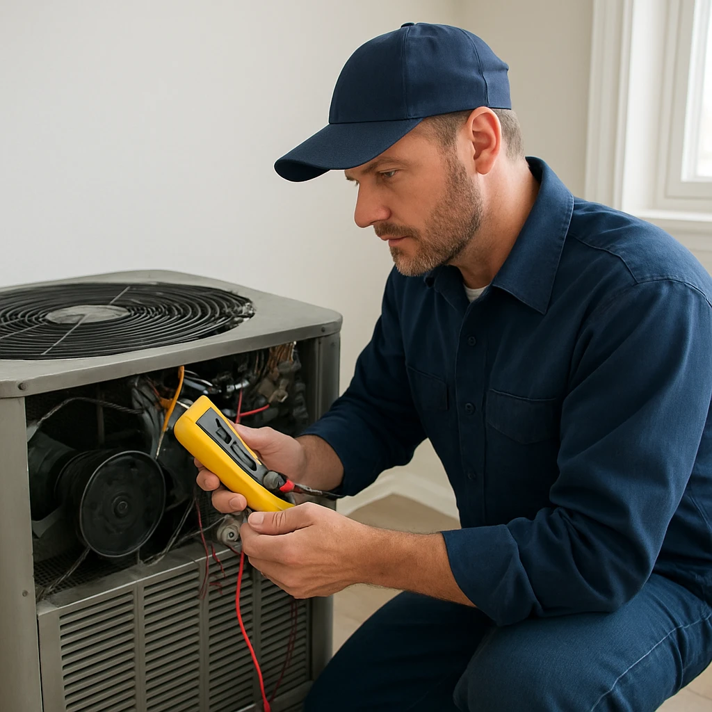 HVAC technician walking through the service process for ac tune-up