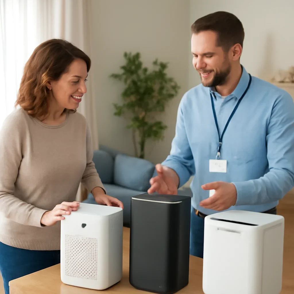 Homeowner reviewing air purifier choices with an indoor air quality specialist