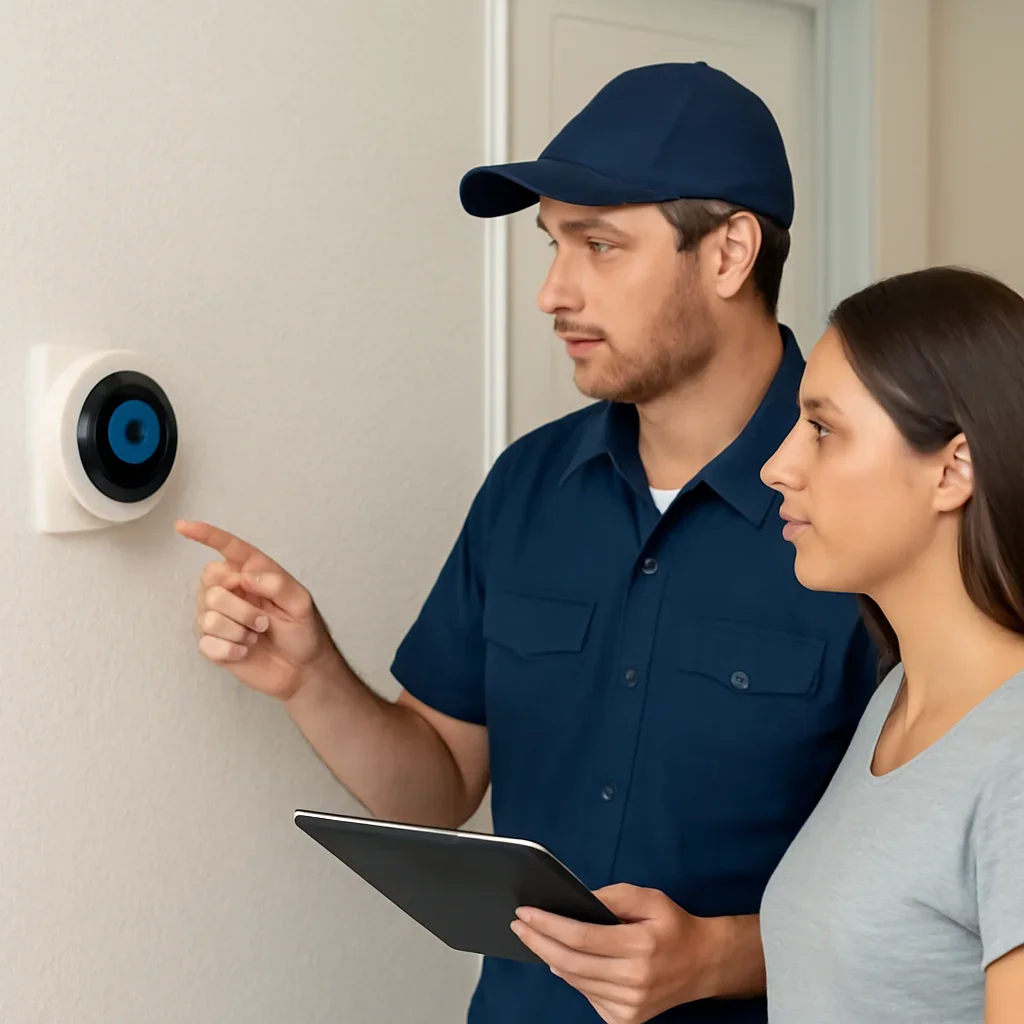 Technician explaining smart thermostat and summer comfort settings