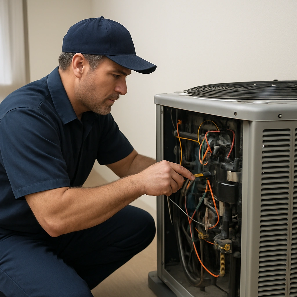 HVAC technician walking through the service process for commercial ac service