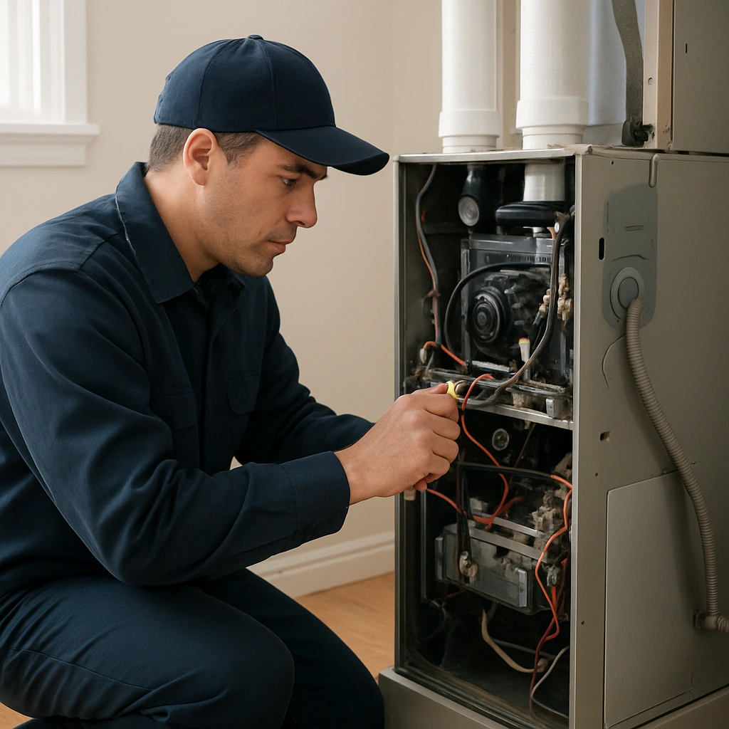 HVAC technician walking through the service process for commercial heating service