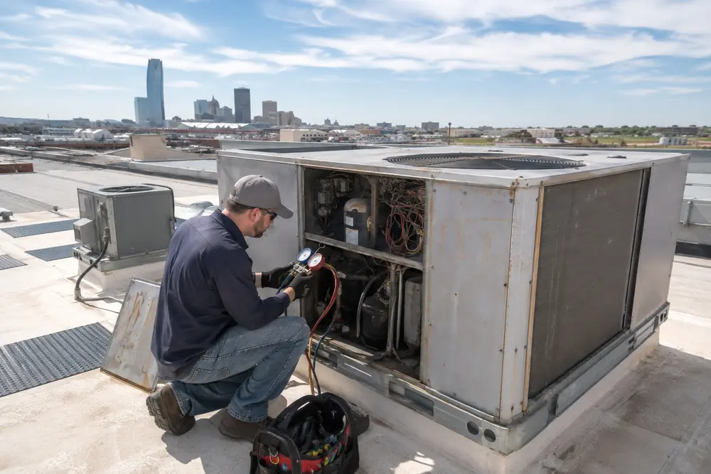 Commercial rooftop HVAC units being evaluated at an Oklahoma property