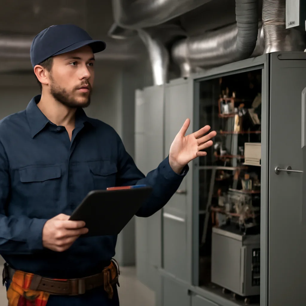 HVAC technician walking through the service process for commercial hvac hub