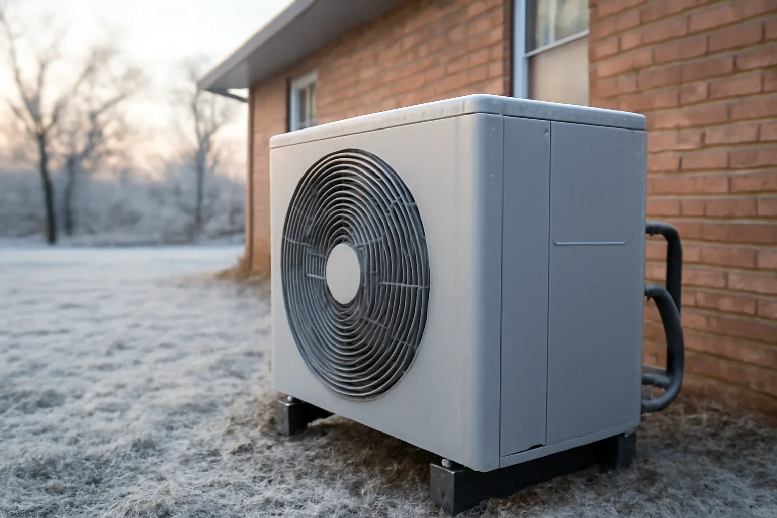 Heat pump operating outside an Oklahoma home during cold weather