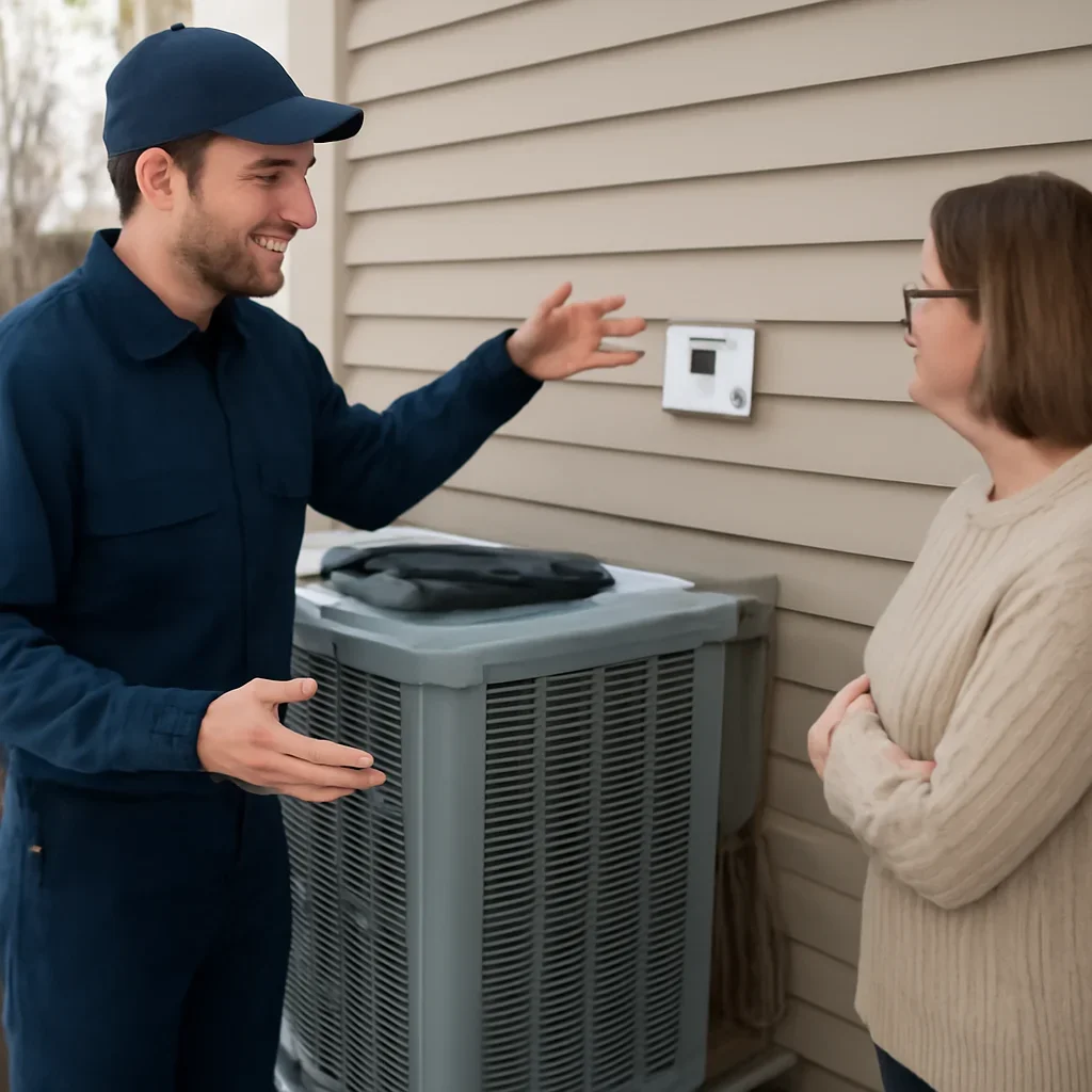 Technician explaining heat pump winter performance to a homeowner