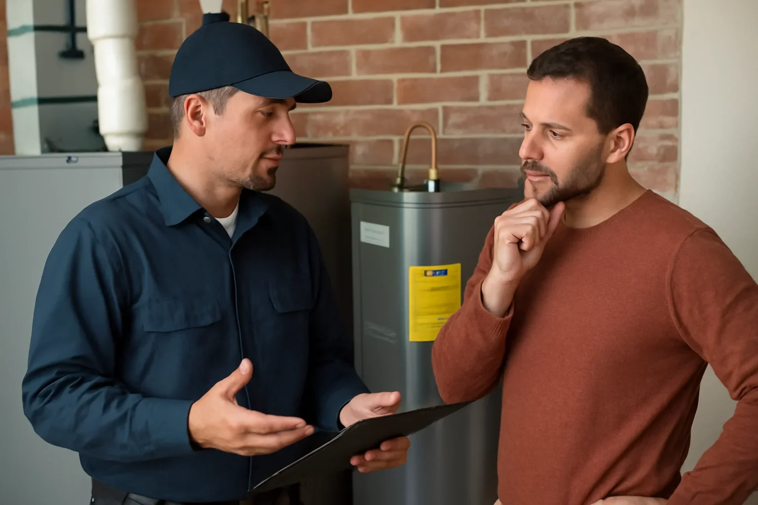 Homeowner comparing heater repair and replacement options in Oklahoma City