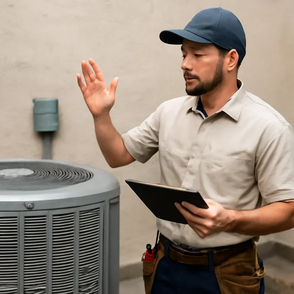 HVAC technician walking through the service process for features
