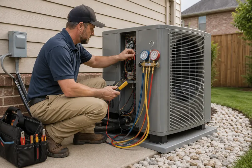 HVAC technician inspecting cooling equipment during a maintenance evaluation