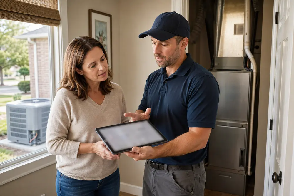 Oklahoma homeowner comparing heat pump and furnace system options