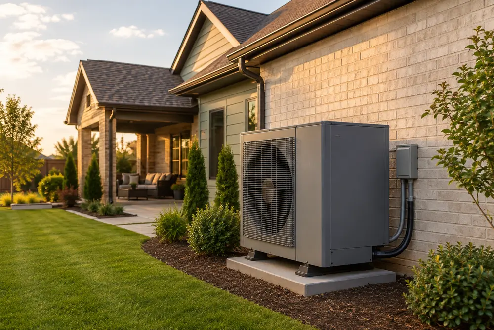 Modern heat pump installed beside an Oklahoma home
