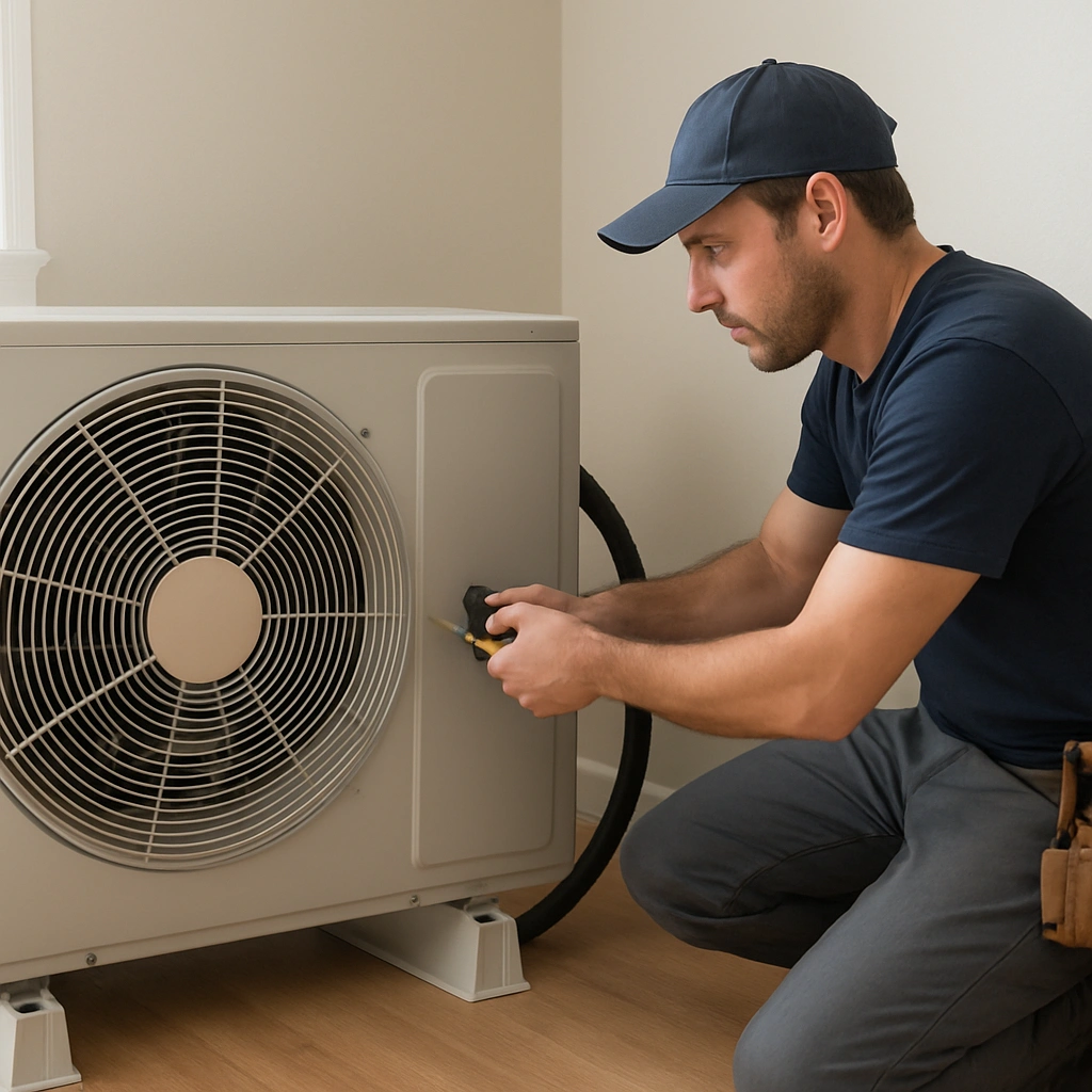 HVAC technician walking through the service process for heat pump installation
