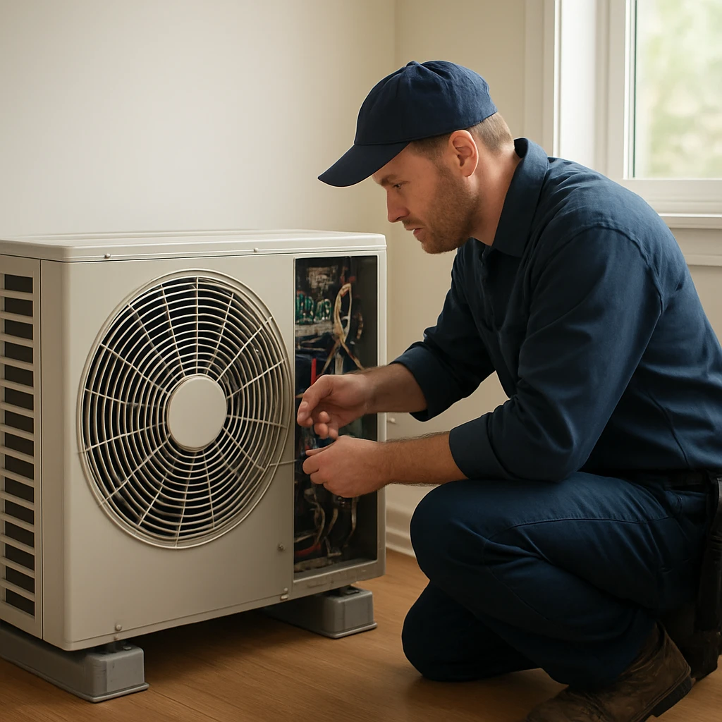 HVAC technician walking through the service process for heat pump repair