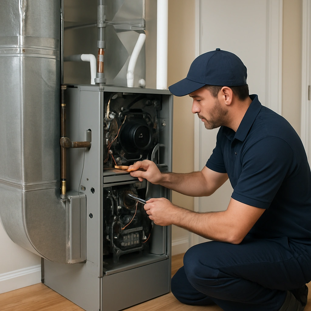 HVAC technician walking through the service process for furnace installation