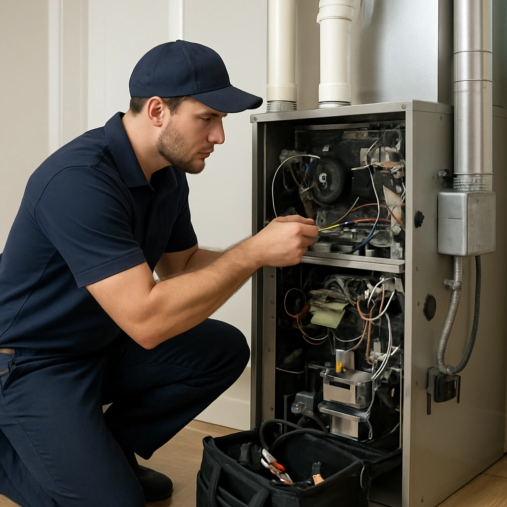 HVAC technician walking through the service process for furnace repair