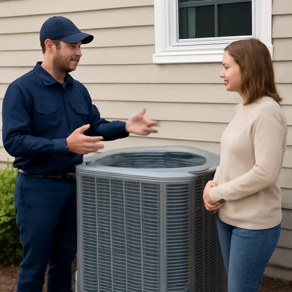 Technician explaining how a heat pump transfers heat in a home
