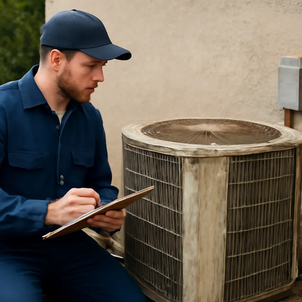 Technician evaluating an aging AC system for remaining lifespan