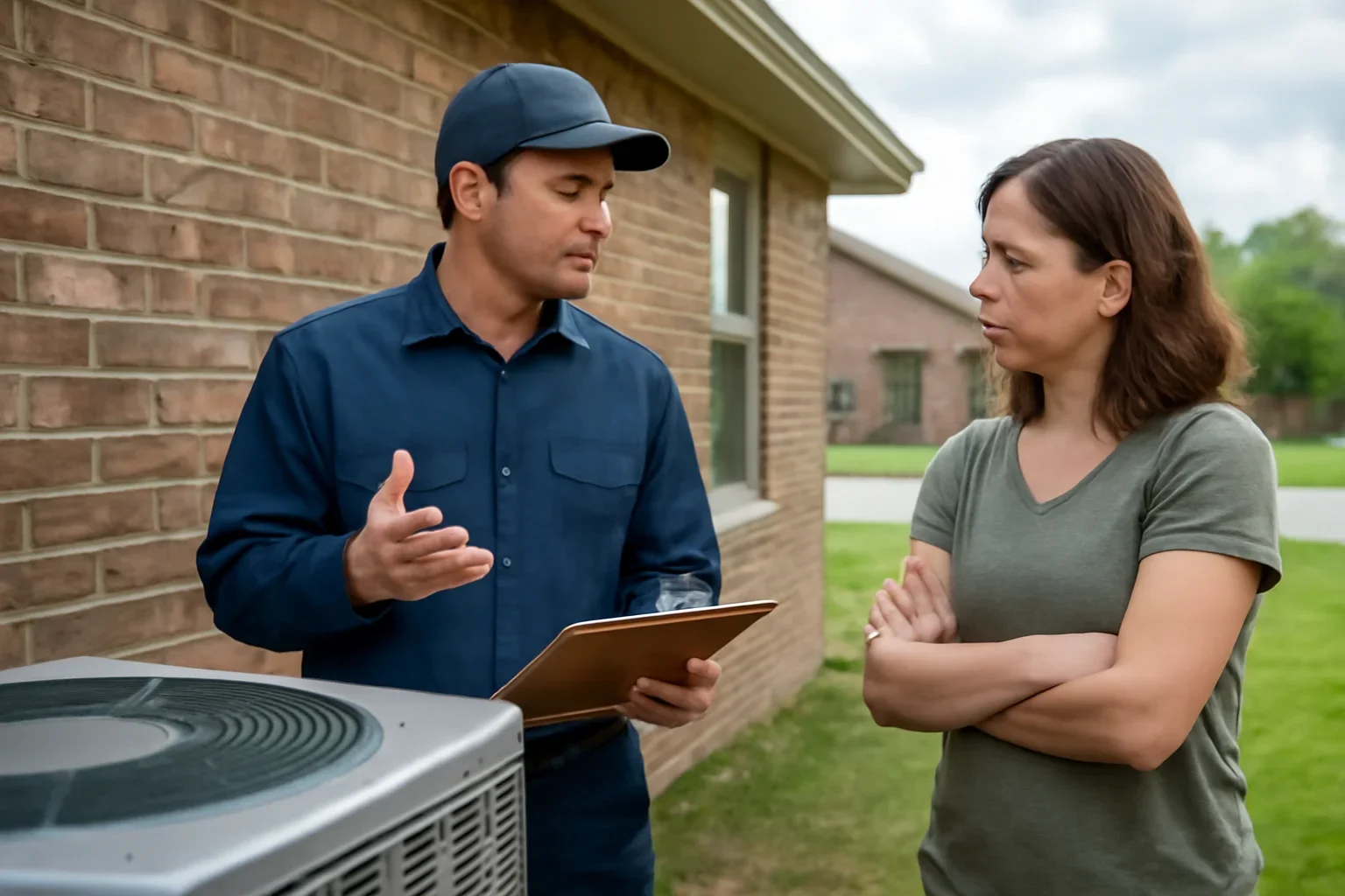 Technician explaining AC repair cost factors to a homeowner in Oklahoma City