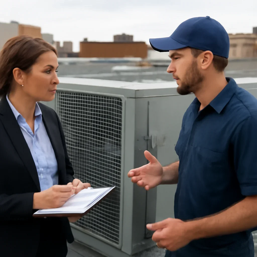 Property manager discussing rooftop service schedule with HVAC technician