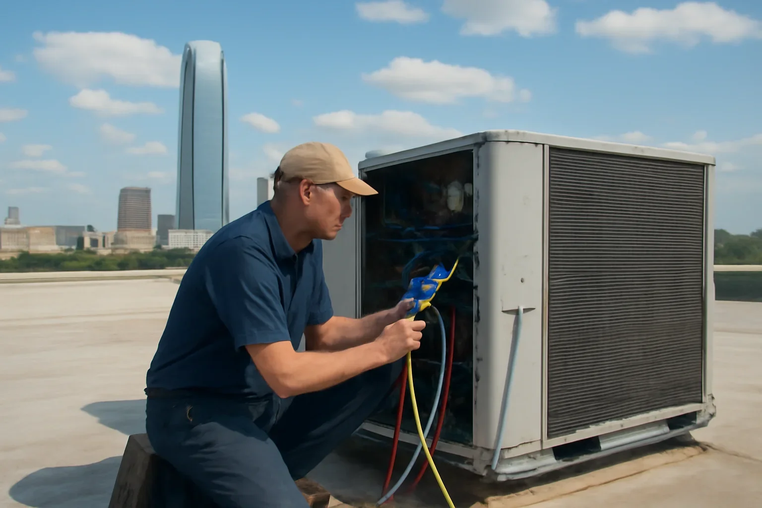 Commercial rooftop unit receiving maintenance in Oklahoma City