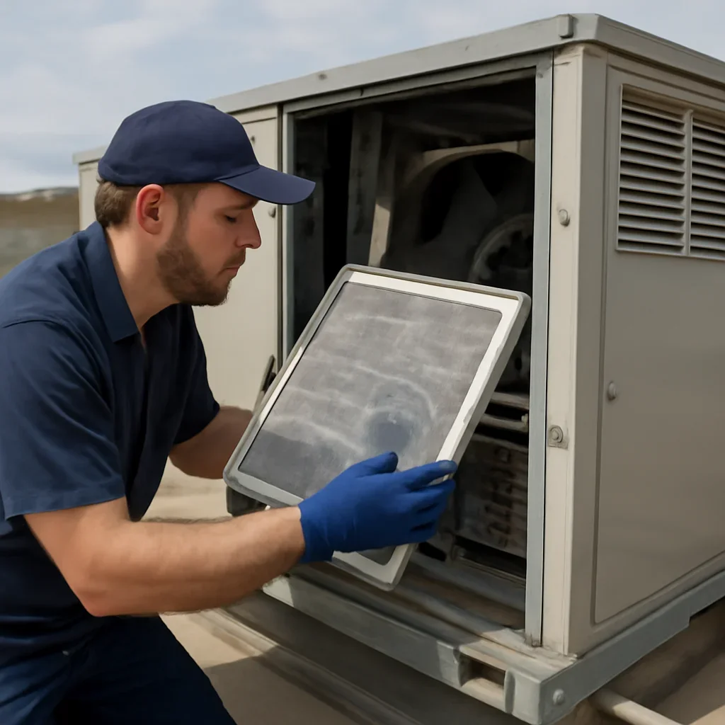 Technician inspecting rooftop unit components and airflow