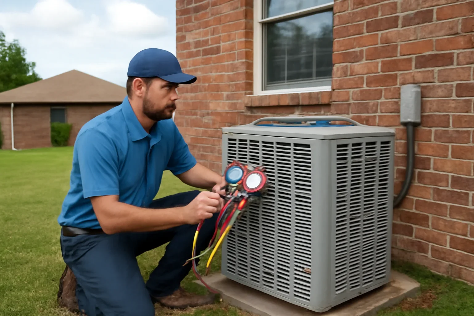 Technician performing preseason AC service at an Oklahoma home