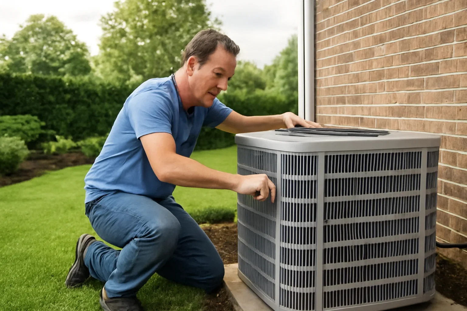 Outdoor AC unit being prepared for summer in Oklahoma City