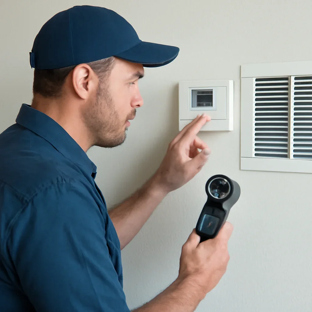 Technician checking thermostat and airflow during summer HVAC prep