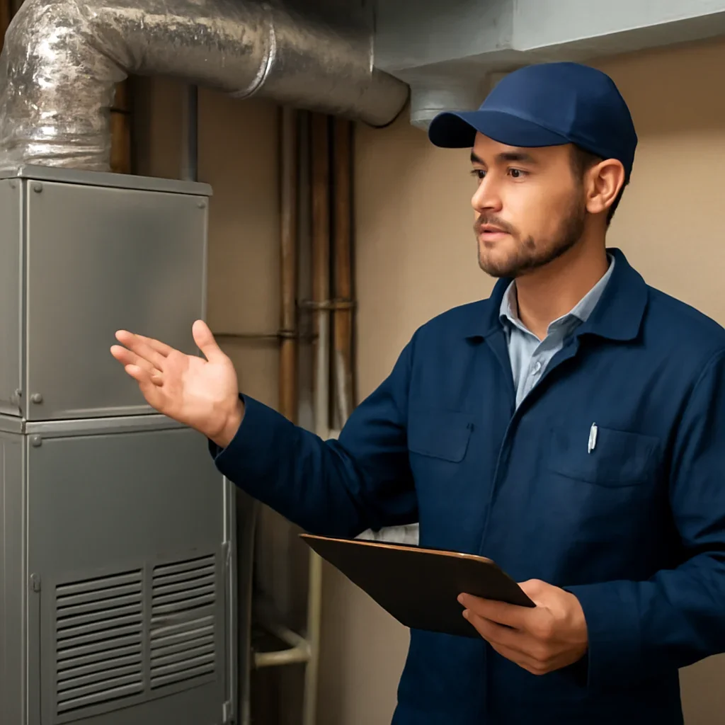 HVAC technician walking through the service process for hvac hub