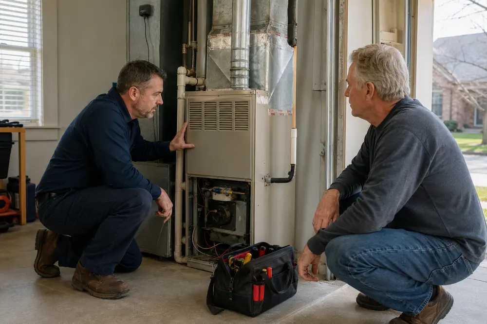 HVAC technician evaluating an aging system at an Oklahoma City home