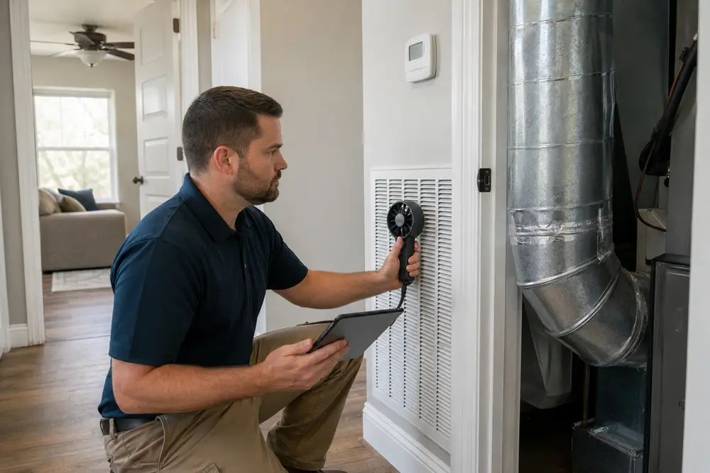 Technician completing an HVAC sizing evaluation for an Oklahoma home