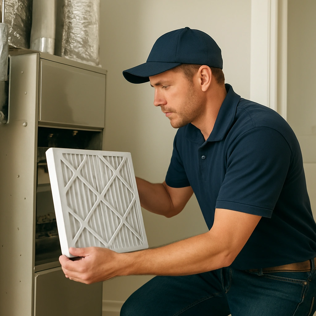 HVAC technician walking through the service process for air filtration