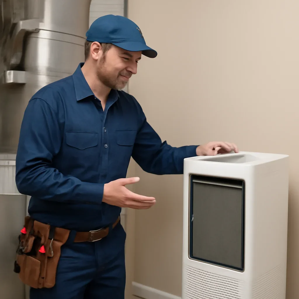 HVAC technician walking through the service process for air purifier installation