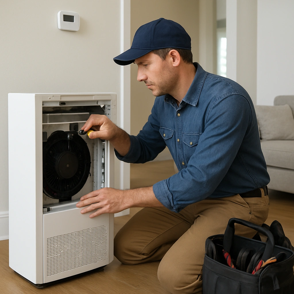 HVAC technician walking through the service process for air purifier repair