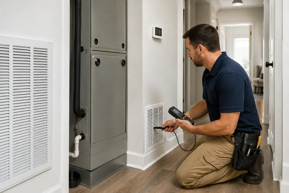 Technician measuring windows and home characteristics for HVAC load calculations