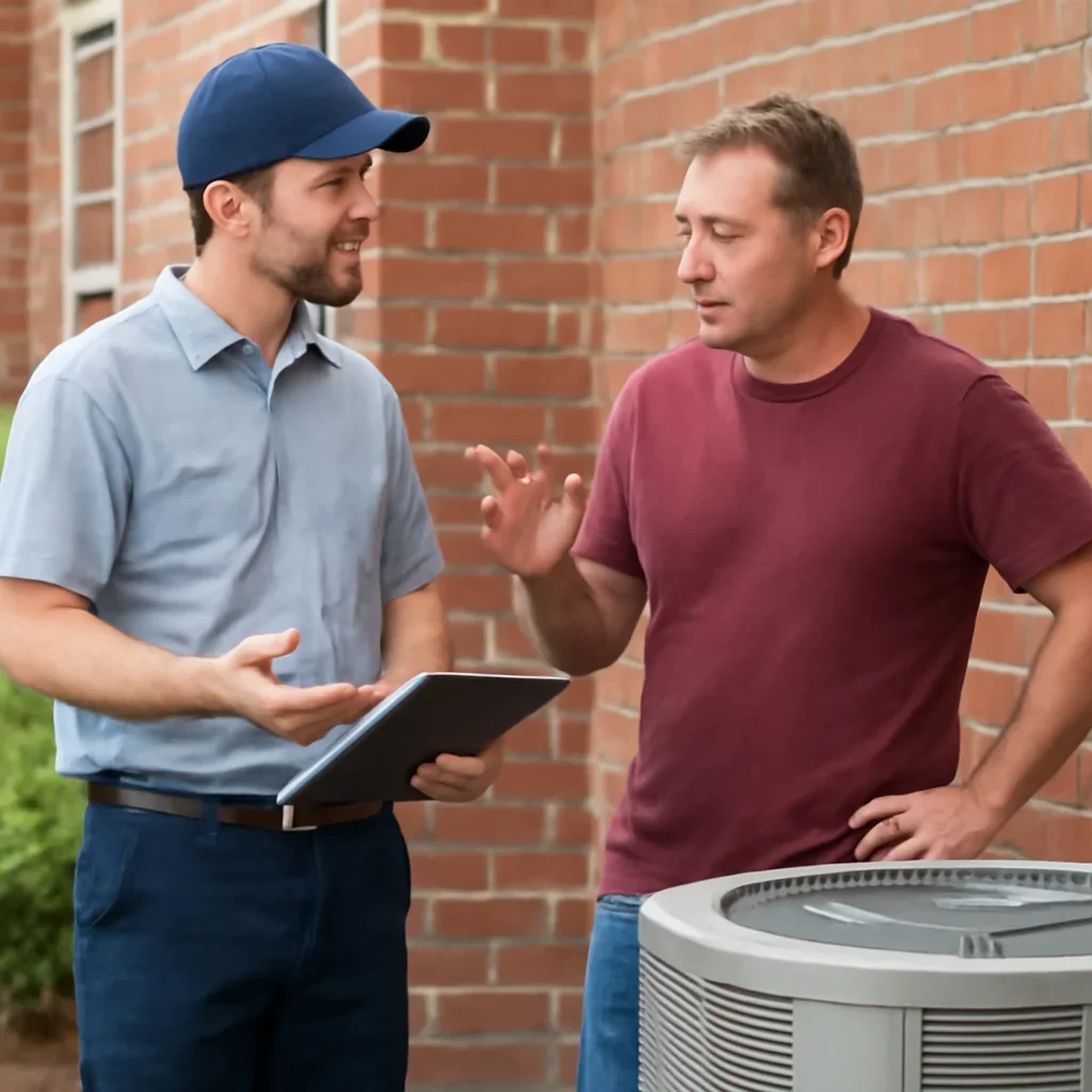 Homeowner discussing AC repair symptoms with a local technician