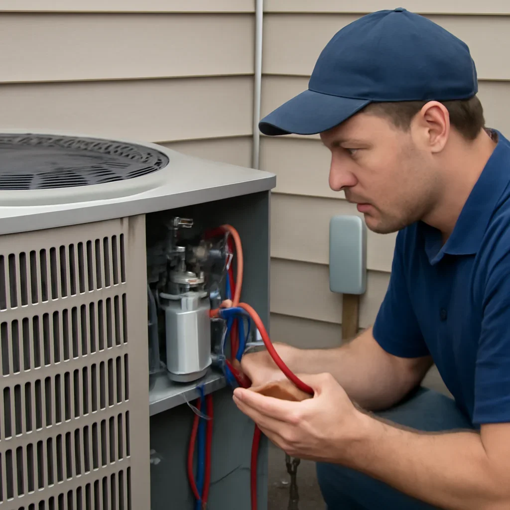 HVAC technician diagnosing capacitor-related AC startup problems
