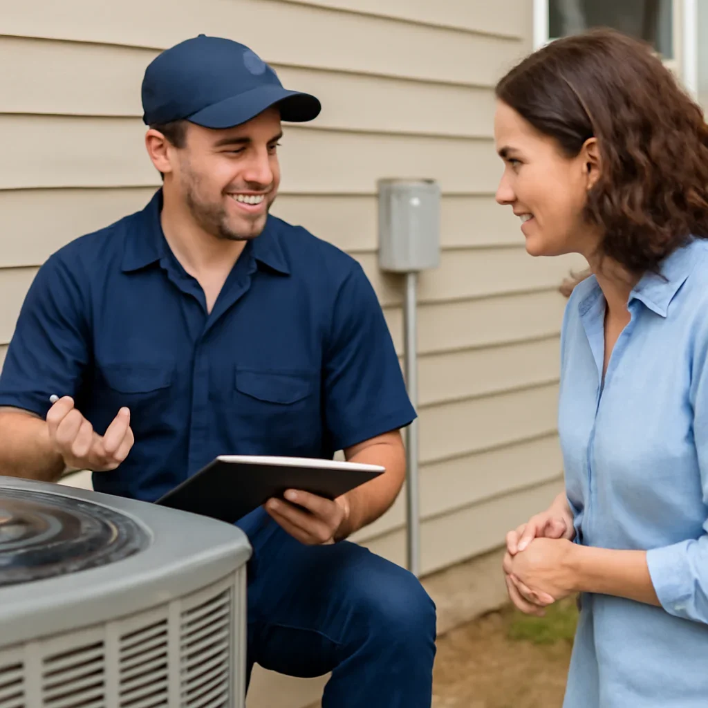 Homeowner learning what an AC tune-up includes from a technician