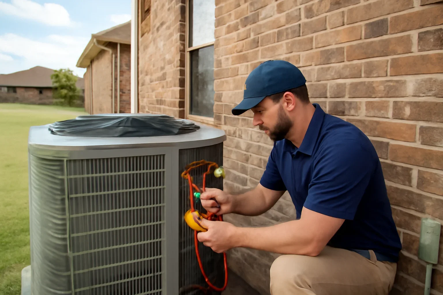 Technician performing a residential AC tune-up in Oklahoma City
