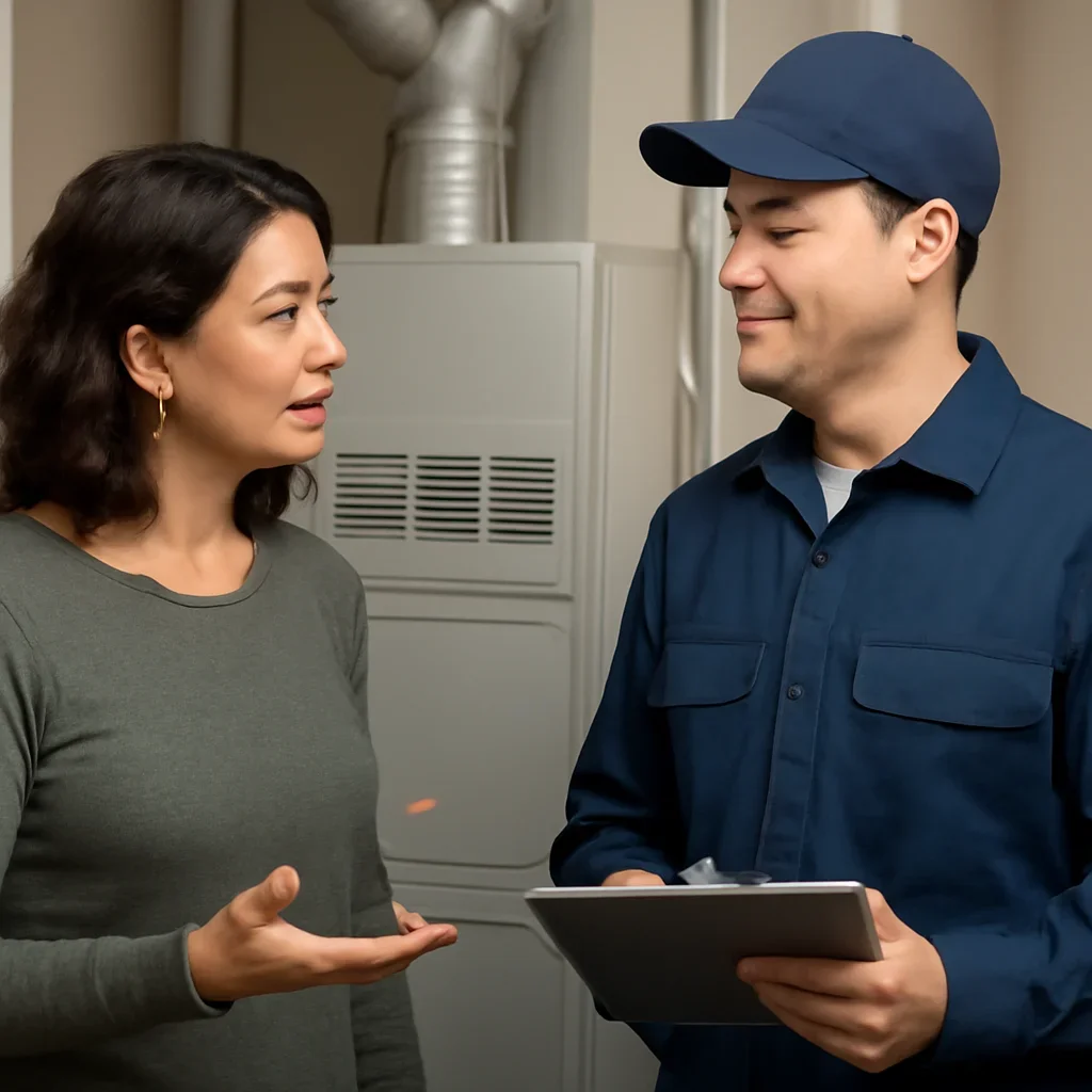 Homeowner discussing indoor air quality upgrades with a technician