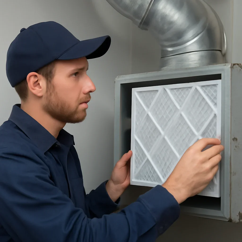 HVAC professional checking indoor air filtration and airflow