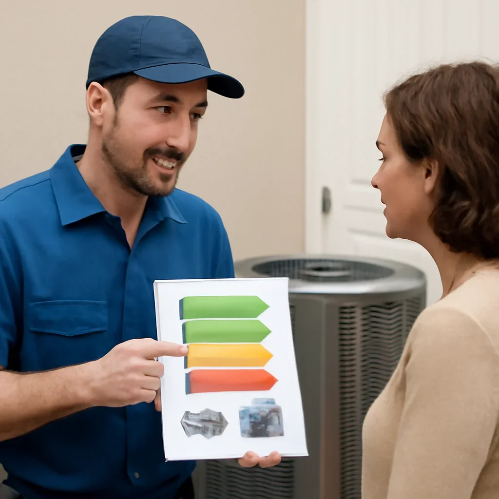 Technician explaining efficiency labels and cooling system options