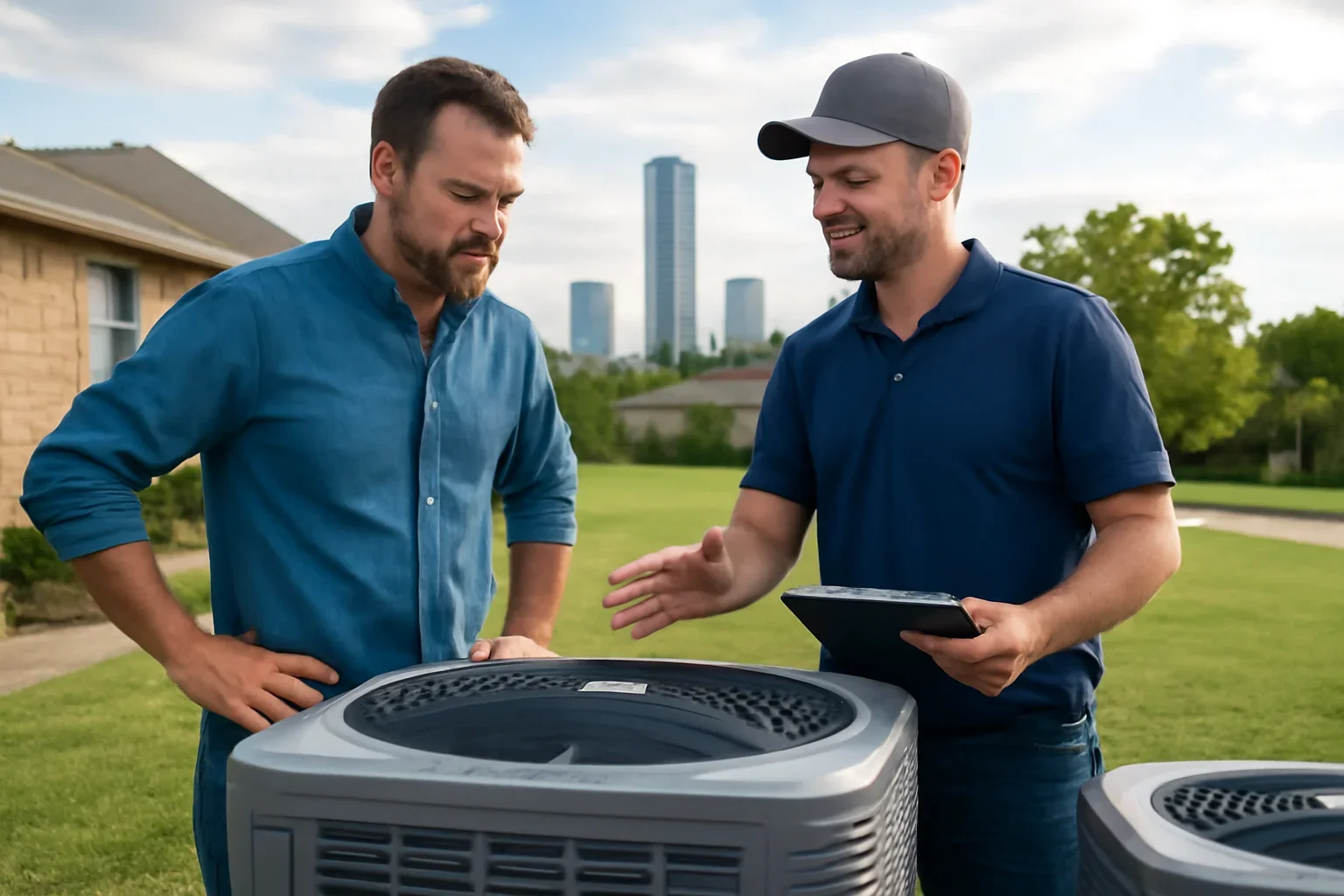 Homeowner comparing SEER2-rated air conditioning options in Oklahoma City
