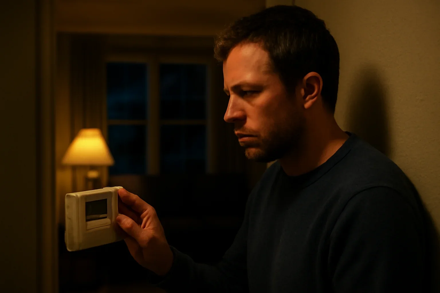 Homeowner checking a thermostat during a nighttime heating problem in Oklahoma City