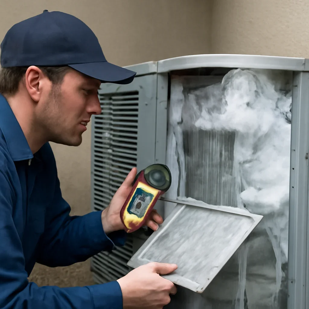 Technician checking airflow and filter conditions on a frozen AC system