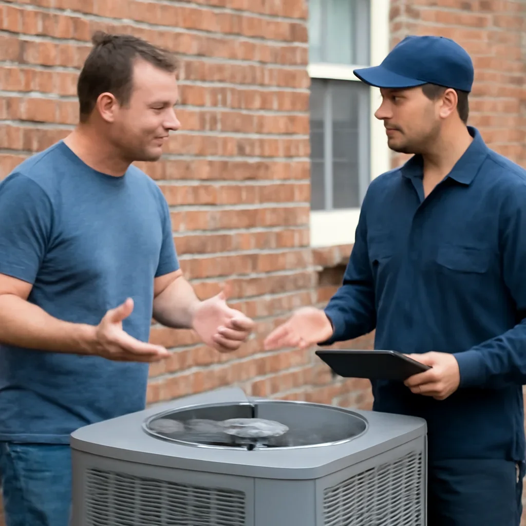 Homeowner discussing recurring AC freeze-up issues with a technician