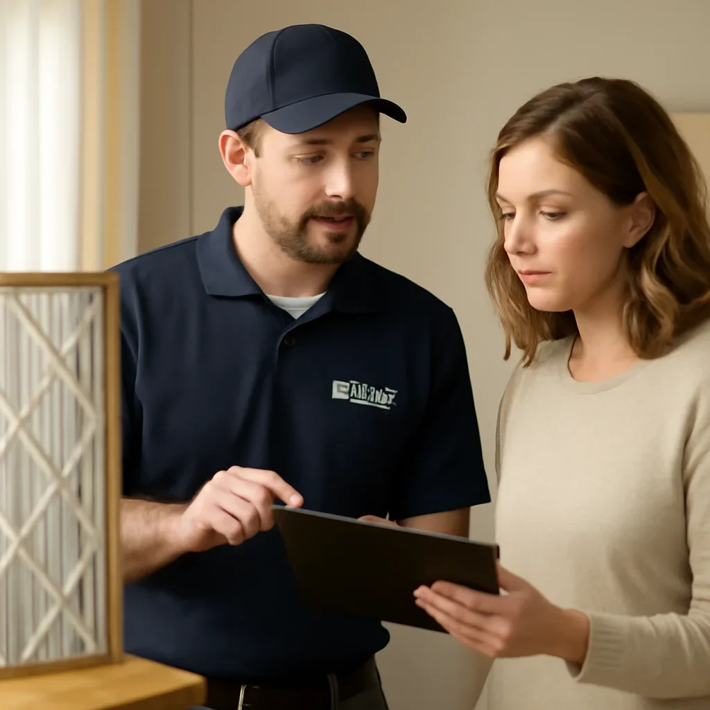 Homeowner reviewing dust reduction options with an Oklahoma City HVAC professional