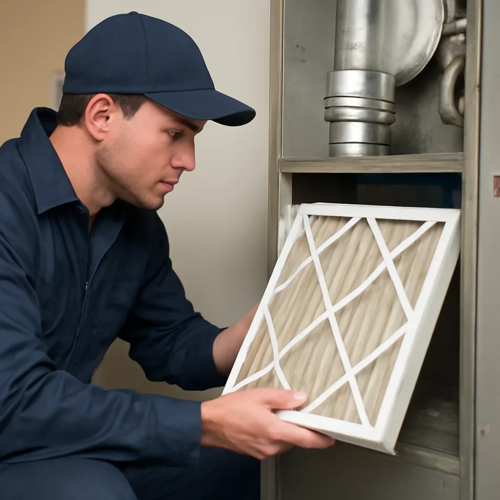 Technician evaluating HVAC filtration for a recurring dust problem